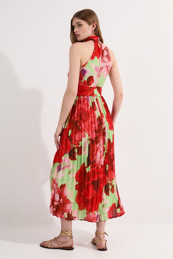 Karen Millen Petite Floral Halter Neck Pleated Midi Dress Floral
