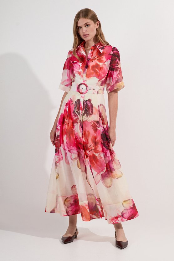 karen millen Petite Floral Organdie Woven Midi Shirt Dress floral