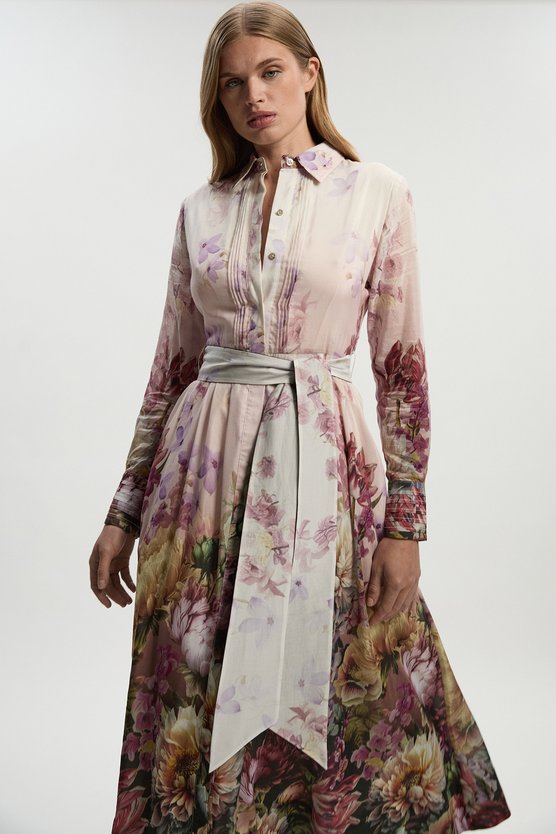 Karen Millen Petite Floral Print Silk Cotton Long Sleeve Woven Maxi Dress Floral