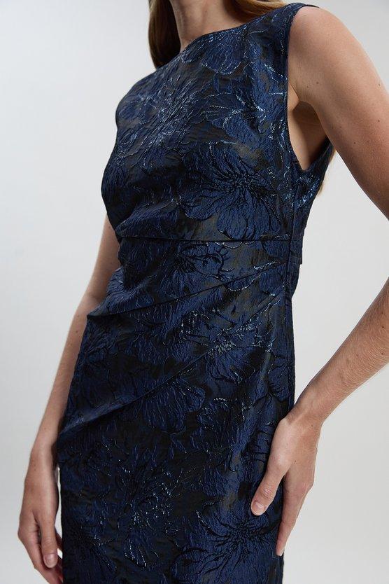 Karen Millen Petite Floral Textured Jacquard Asymmetric Pencil Dress Blue