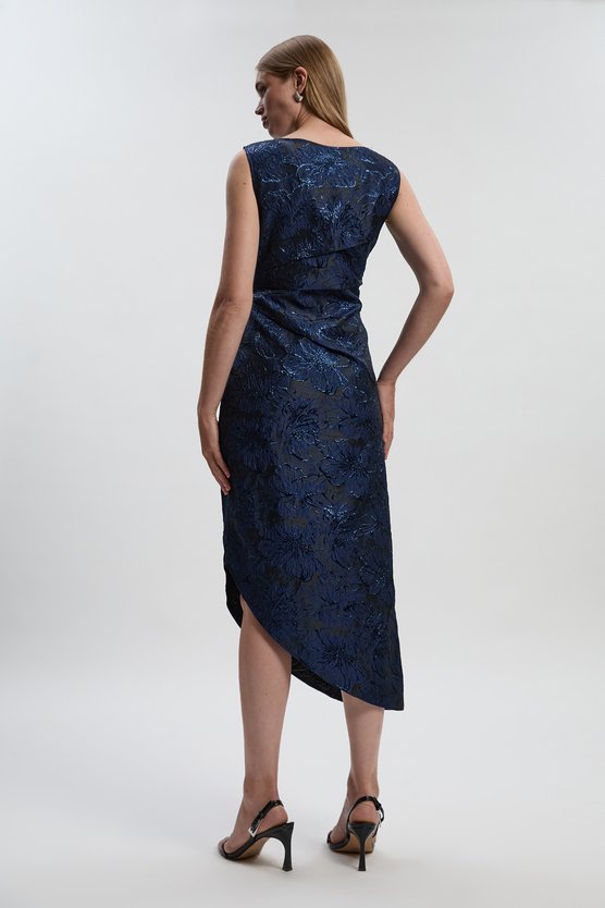 Karen Millen Petite Floral Textured Jacquard Asymmetric Pencil Dress Blue