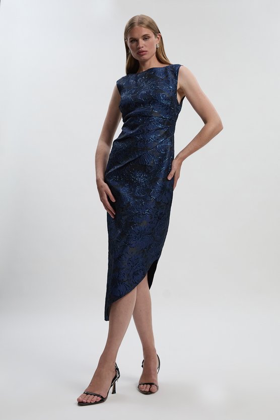 karen millen Petite Floral Textured Jacquard Asymmetric Pencil Dress blue