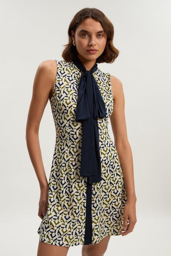 Karen Millen Petite Geo Print Crepe Tie Neck Mini Dress Mono