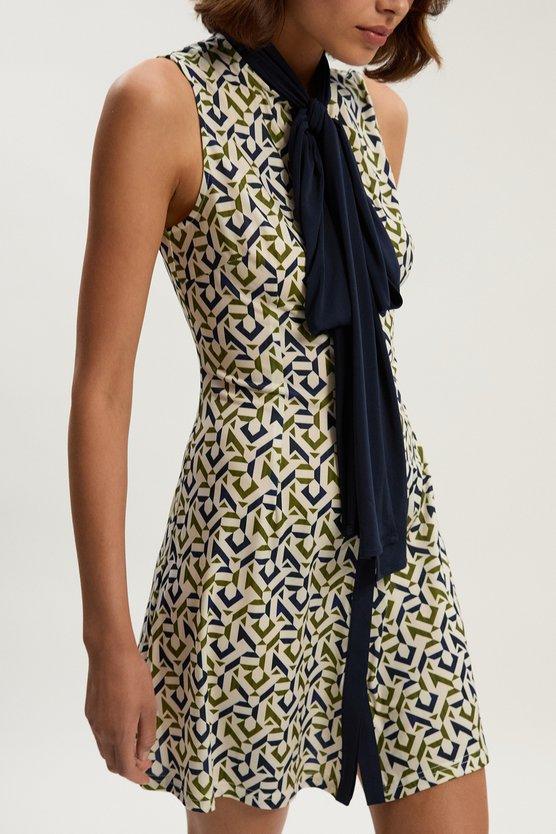 karen millen Petite Geo Print Crepe Tie Neck Mini Dress mono