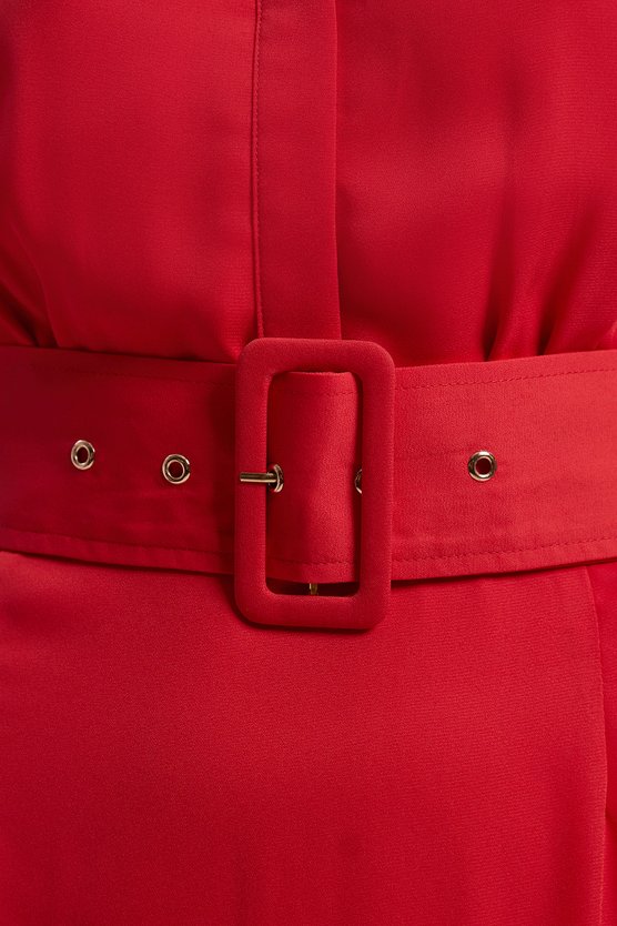 Karen Millen Petite Georgette Belted Woven Shirt Dress Orange