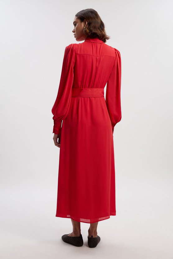 Karen Millen Petite Georgette Belted Woven Shirt Dress Orange