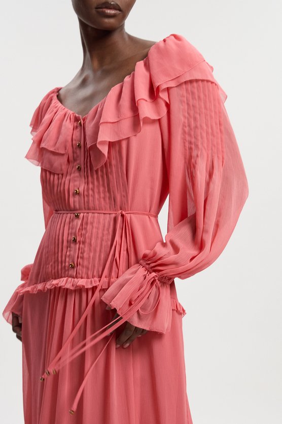 Karen Millen Petite Georgette Ruffle Woven Maxi Dress Coral