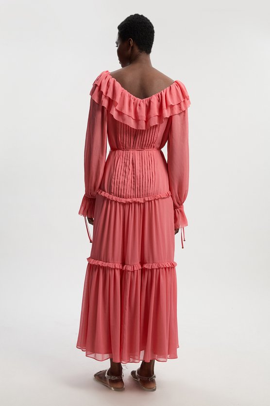 Karen Millen Petite Georgette Ruffle Woven Maxi Dress Coral