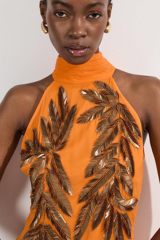 Karen Millen Petite Halter Neck Feather Sequin Detail Woven Maxi Dress Orange