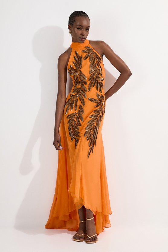 Karen Millen Petite Halter Neck Feather Sequin Detail Woven Maxi Dress Orange