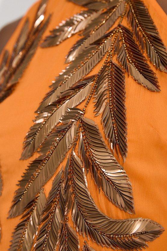 Karen Millen Petite Halter Neck Feather Sequin Detail Woven Maxi Dress Orange