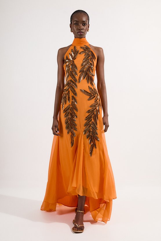 karen millen Petite Halter Neck Feather Sequin Detail Woven Maxi Dress orange