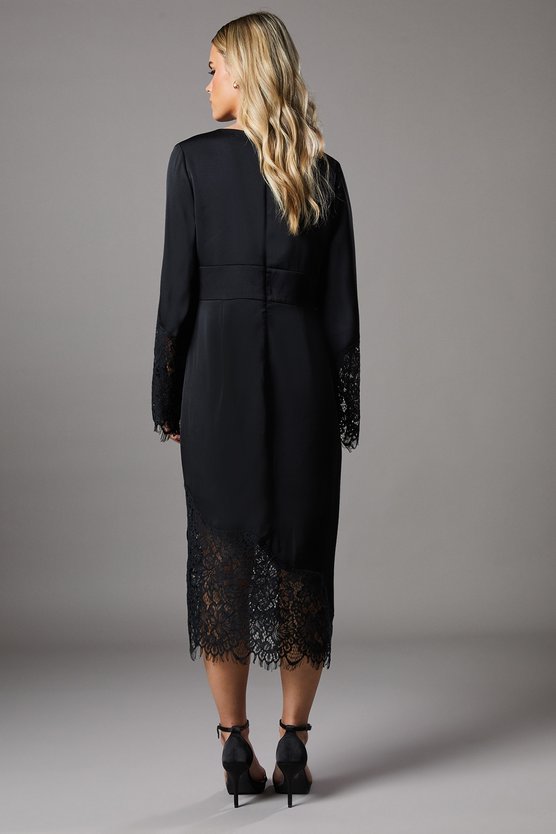 Karen Millen Petite Lace Panelled Satin Wrap Midi Dress Black