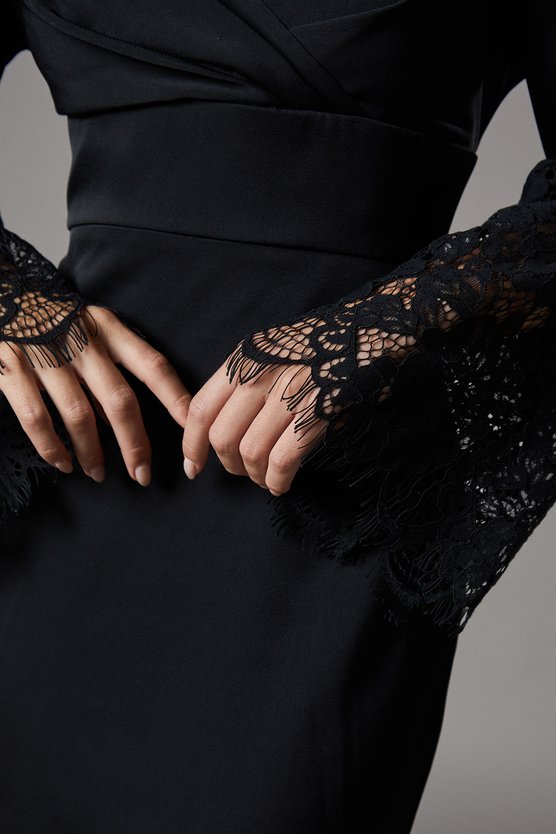 Karen Millen Petite Lace Panelled Satin Wrap Midi Dress Black