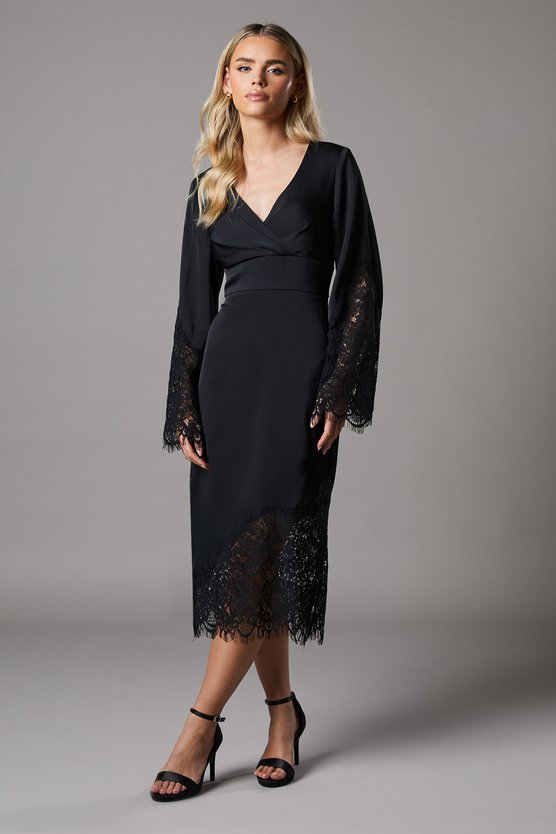 karen millen Petite Lace Panelled Satin Wrap Midi Dress black
