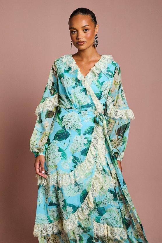 Karen Millen Petite Lace Trim Chiffon Wrap Dress Multi