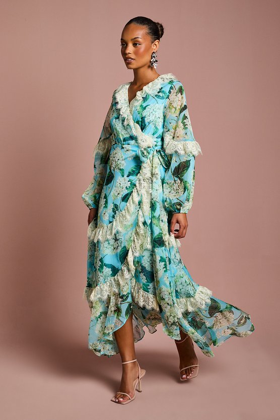 karen millen Petite Lace Trim Chiffon Wrap Dress multi