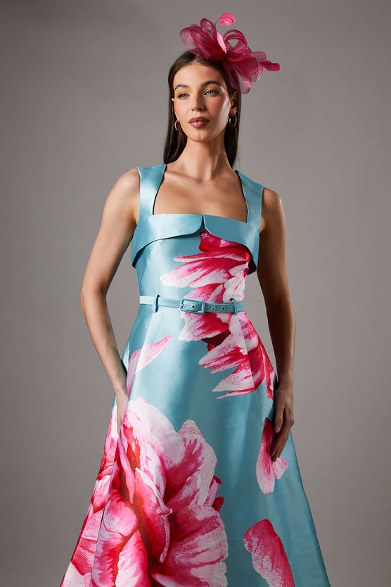 Karen Millen Petite Large Rose Print Twill Dress Sage