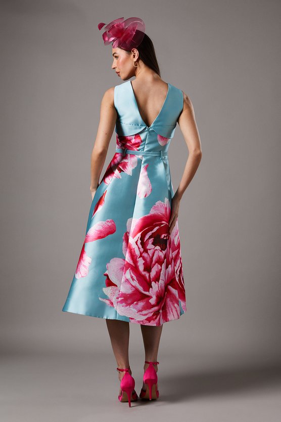 Karen Millen Petite Large Rose Print Twill Dress Sage