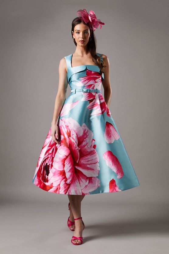 karen millen Petite Large Rose Print Twill Dress sage