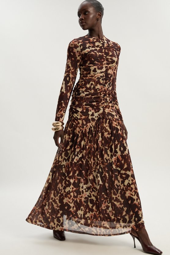 Karen Millen Petite Leopard Print Mesh Maxi Dress Multi