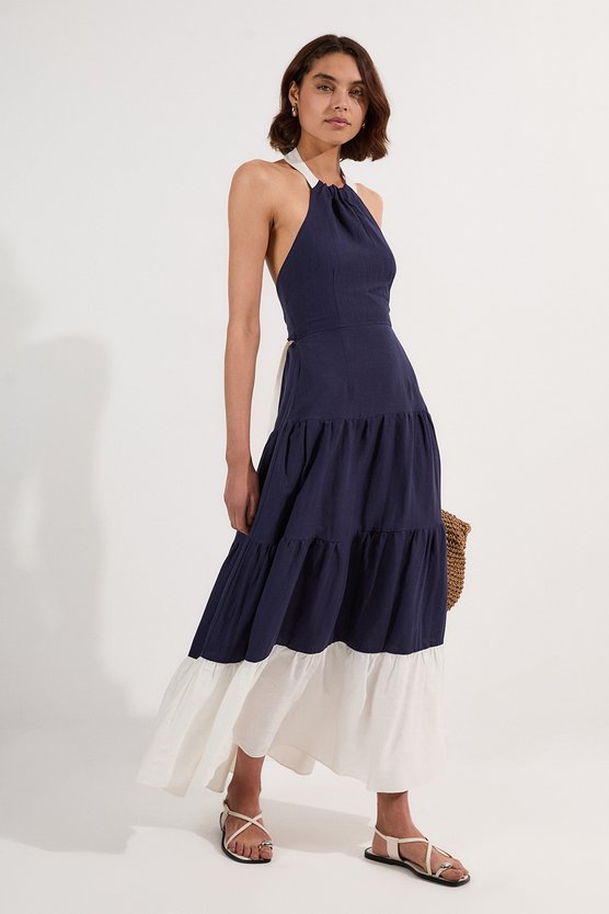 Karen Millen Petite Linen Viscose Colour Block Woven Tiered Halter Maxi Dress Navy