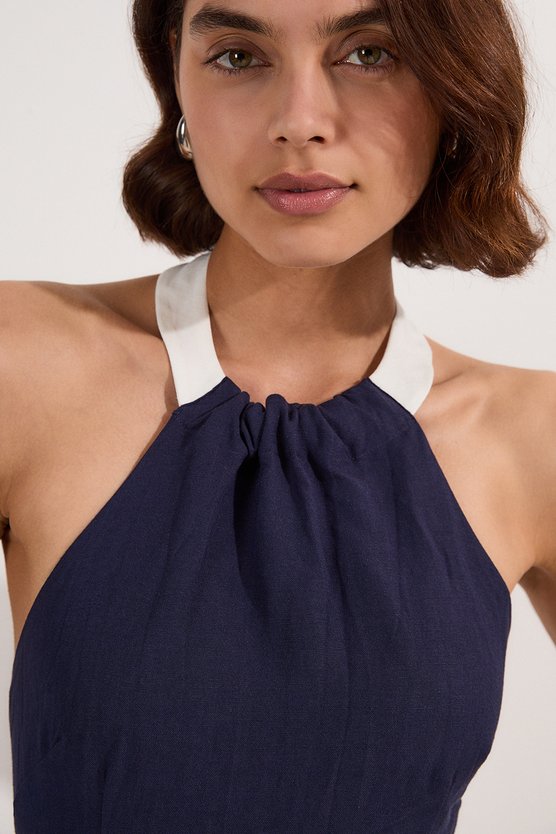 Karen Millen Petite Linen Viscose Colour Block Woven Tiered Halter Maxi Dress Navy