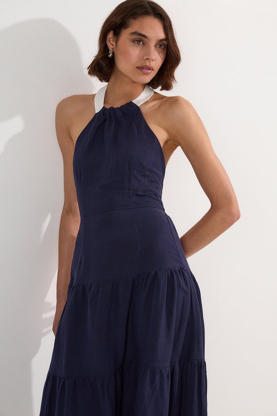 karen millen Petite Linen Viscose Colour Block Woven Tiered Halter Maxi Dress navy