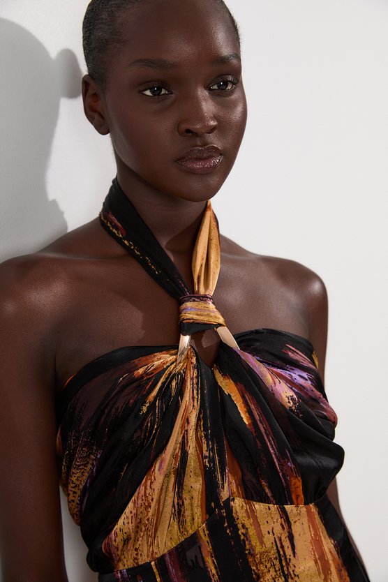 Karen Millen Petite Marble Devour Halter Neck Maxi Dress Purple