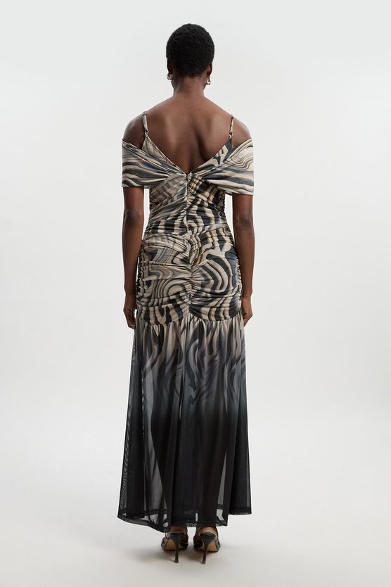 Karen Millen Petite Marble Print Mesh Plunge Strappy Detail Maxi Dress Mono
