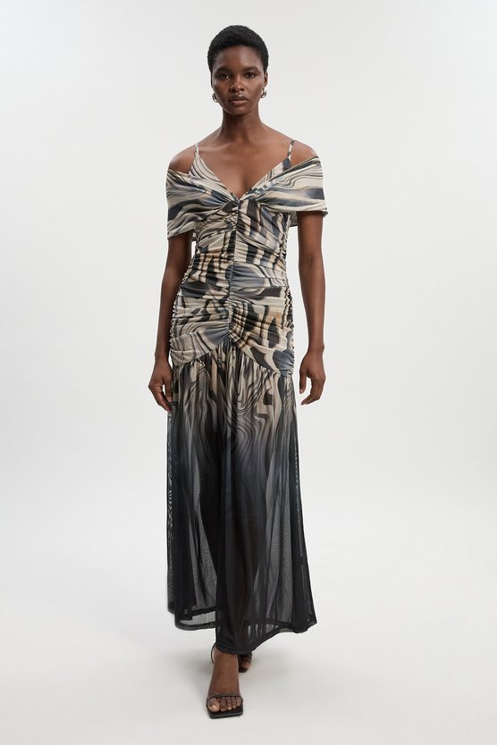 karen millen Petite Marble Print Mesh Plunge Strappy Detail Maxi Dress mono