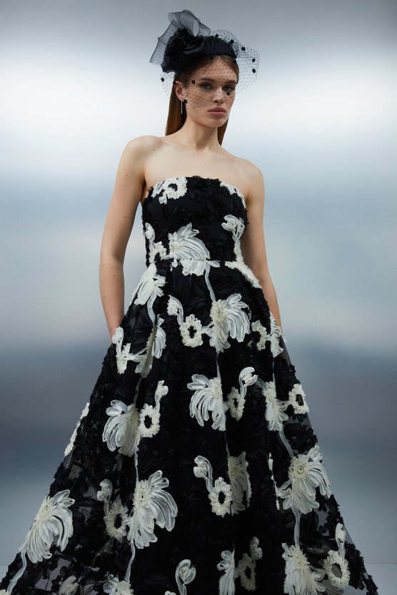 karen millen Petite Mono Textured Strapless Woven Prom Maxi Dress mono