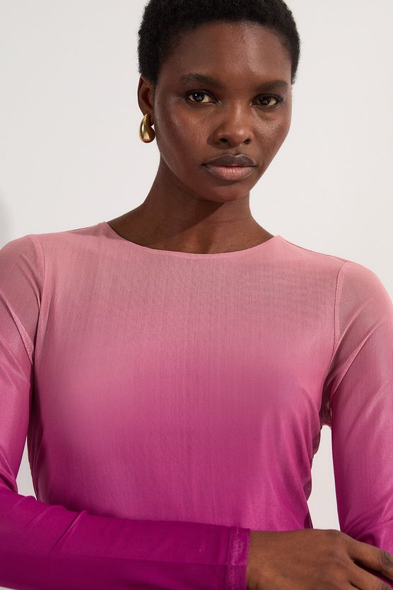 Karen Millen Petite Ombre Printed Mesh Ruched Long Sleeve Maxi Dress Pink