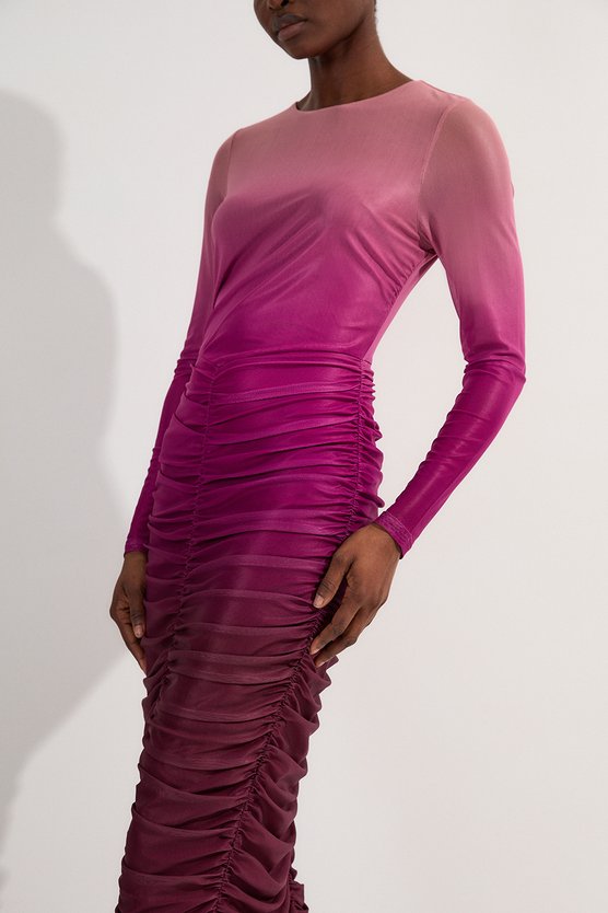 Karen Millen Petite Ombre Printed Mesh Ruched Long Sleeve Maxi Dress Pink