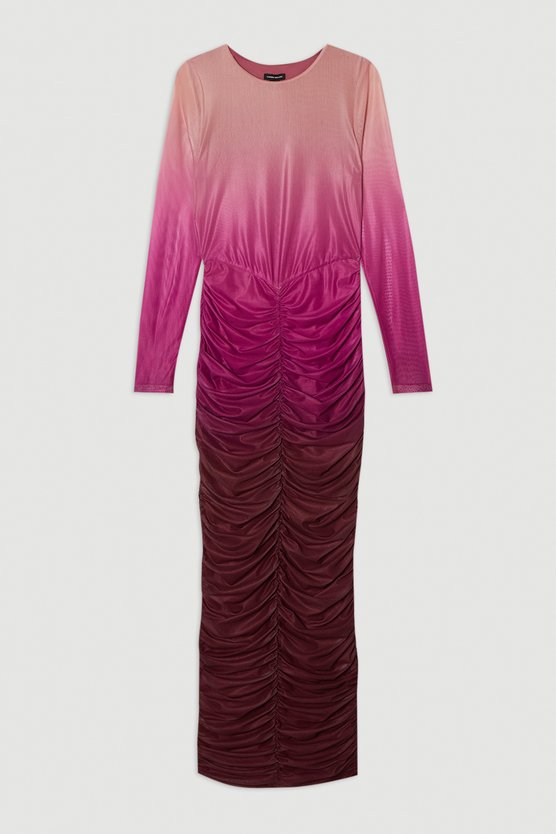 Karen Millen Petite Ombre Printed Mesh Ruched Long Sleeve Maxi Dress Pink