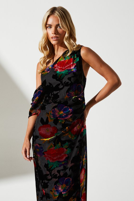 Karen Millen Petite One Shoulder Wrap Midi Wedding Guest Dress Black