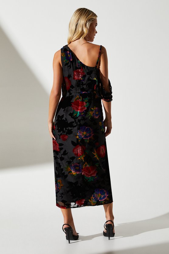 Karen Millen Petite One Shoulder Wrap Midi Wedding Guest Dress Black