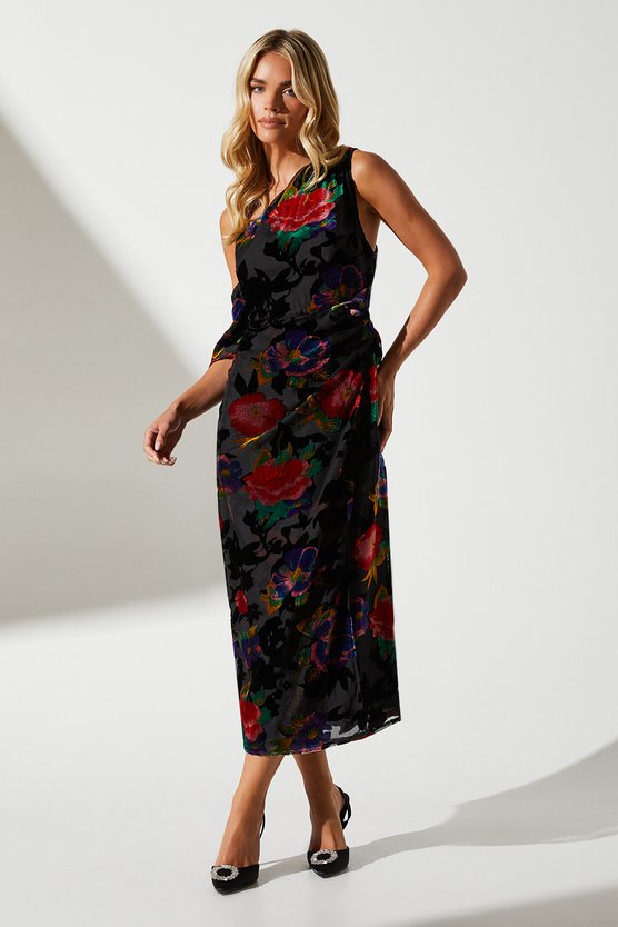 karen millen Petite One Shoulder Wrap Midi Wedding Guest Dress black