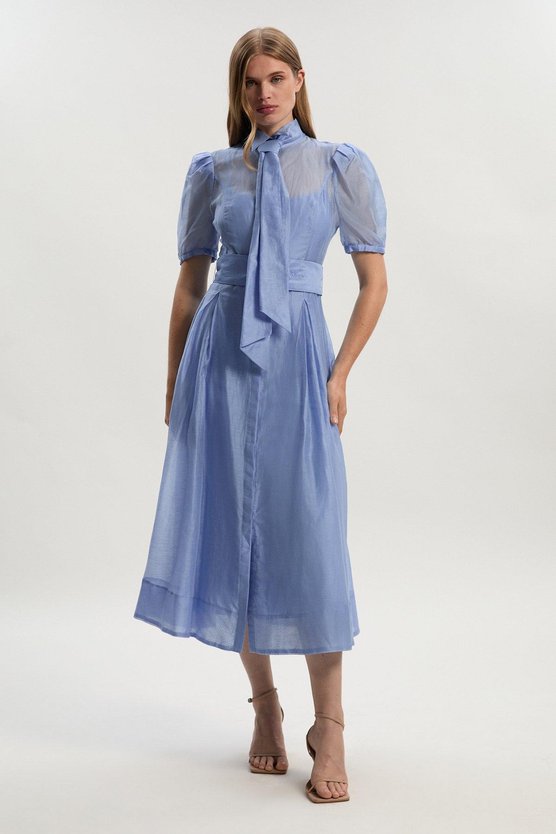 karen millen Petite Organdie Tie Neck Woven Midi Dress light blue