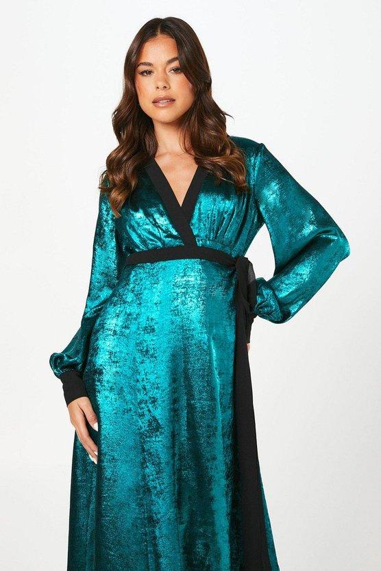 Karen Millen Petite Party Metallic Long Sleeve Wrap Midi Dress Teal