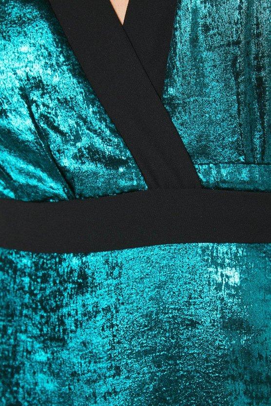 Karen Millen Petite Party Metallic Long Sleeve Wrap Midi Dress Teal