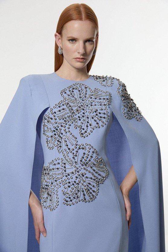 Karen Millen Petite Placed Floral Crystal Embellished Tailored Drama Cape Maxi Dress Pale Blue