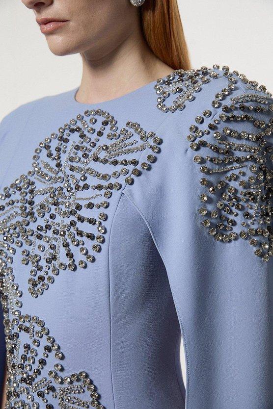 Karen Millen Petite Placed Floral Crystal Embellished Tailored Drama Cape Maxi Dress Pale Blue