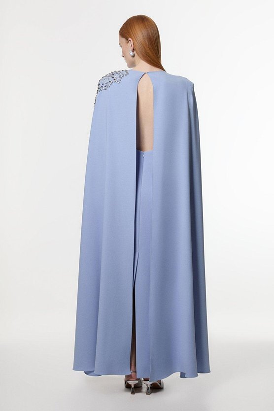 Karen Millen Petite Placed Floral Crystal Embellished Tailored Drama Cape Maxi Dress Pale Blue