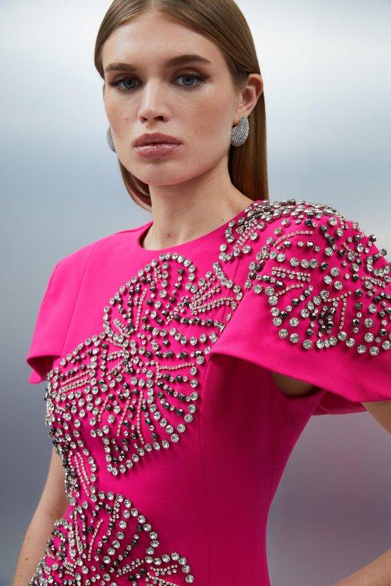 Karen Millen Petite Placed Floral Crystal Embellished Tailored Cape Maxi Dress Hot Pink