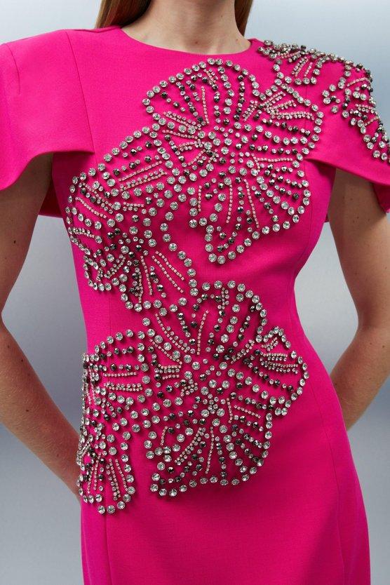 Karen Millen Petite Placed Floral Crystal Embellished Tailored Cape Maxi Dress Hot Pink