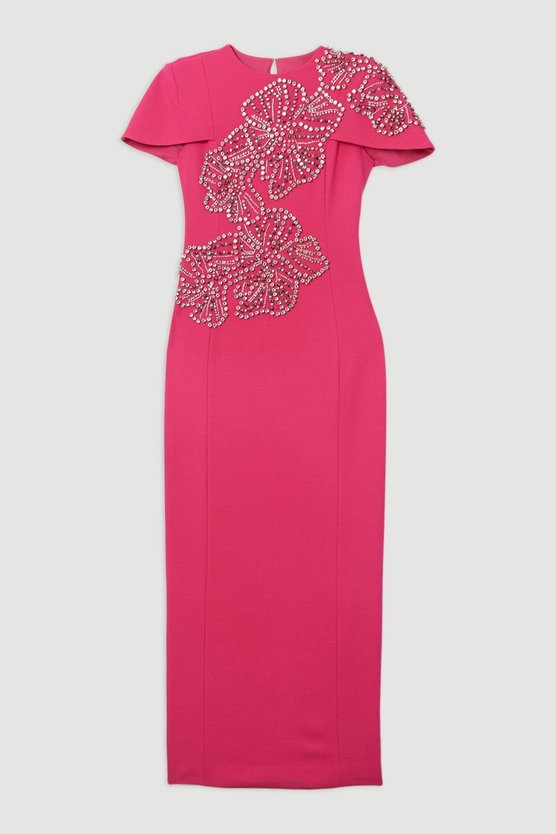 Karen Millen Petite Placed Floral Crystal Embellished Tailored Cape Maxi Dress Hot Pink
