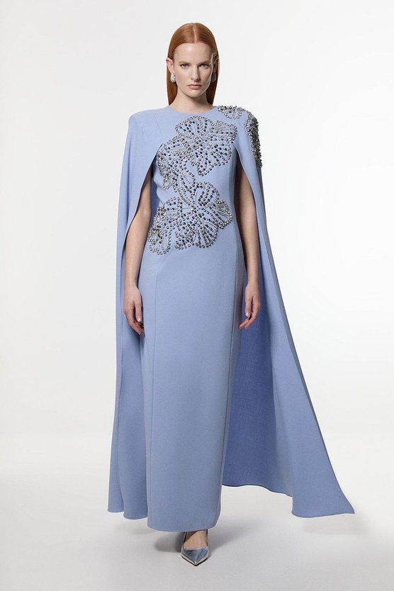 karen millen Petite Placed Floral Crystal Embellished Tailored Drama Cape Maxi Dress pale blue
