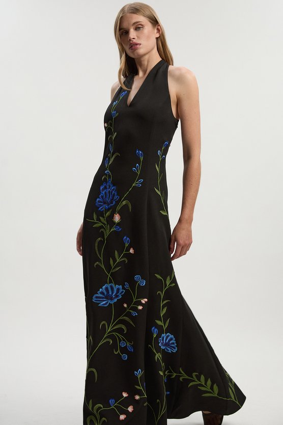 karen millen Petite Placed Floral Halter Embroidered Crepe Woven Maxi Dress black