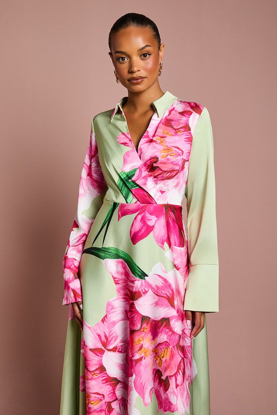 Karen Millen Petite Placement Print Wrap Front Gown Sage